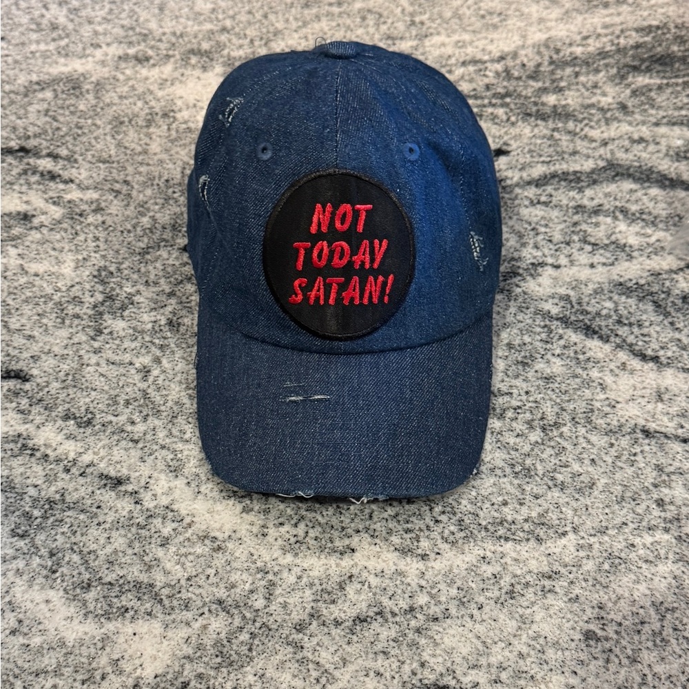 New Custom Designed Distressed Baseball Cap w Embroidered Patch-Not Today Satan